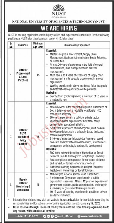 National University of Sciences and Technology Jobs in Islamabad 2025