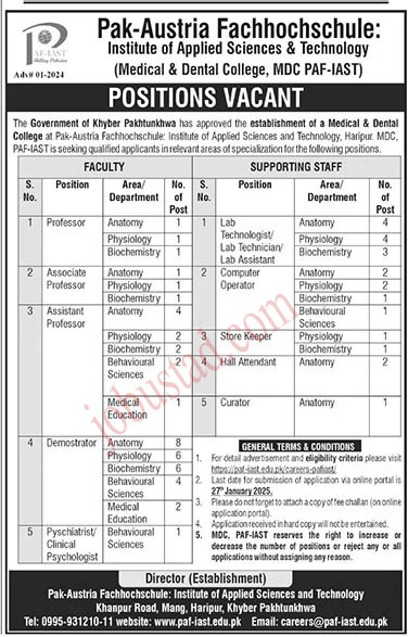 Pak-Austria Institute of Applied Sciences and Technology jobs in KPK 2025