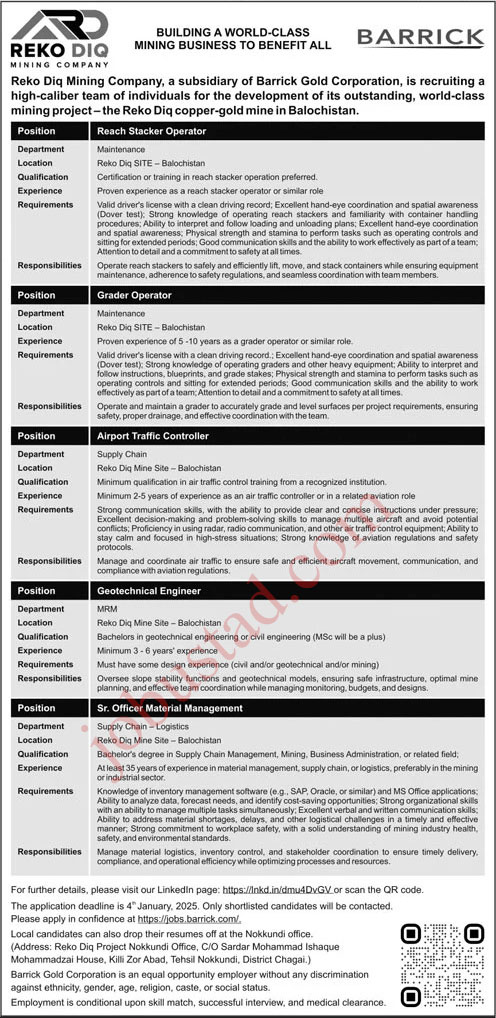 Reko Diq Mining Company jobs in Balochistan January 2025 